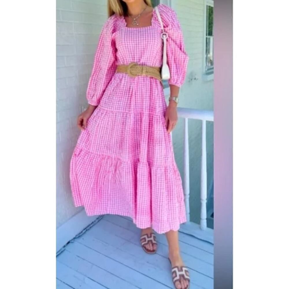 Madison Mathews Pink Gingham Maxi Dress Sz. L